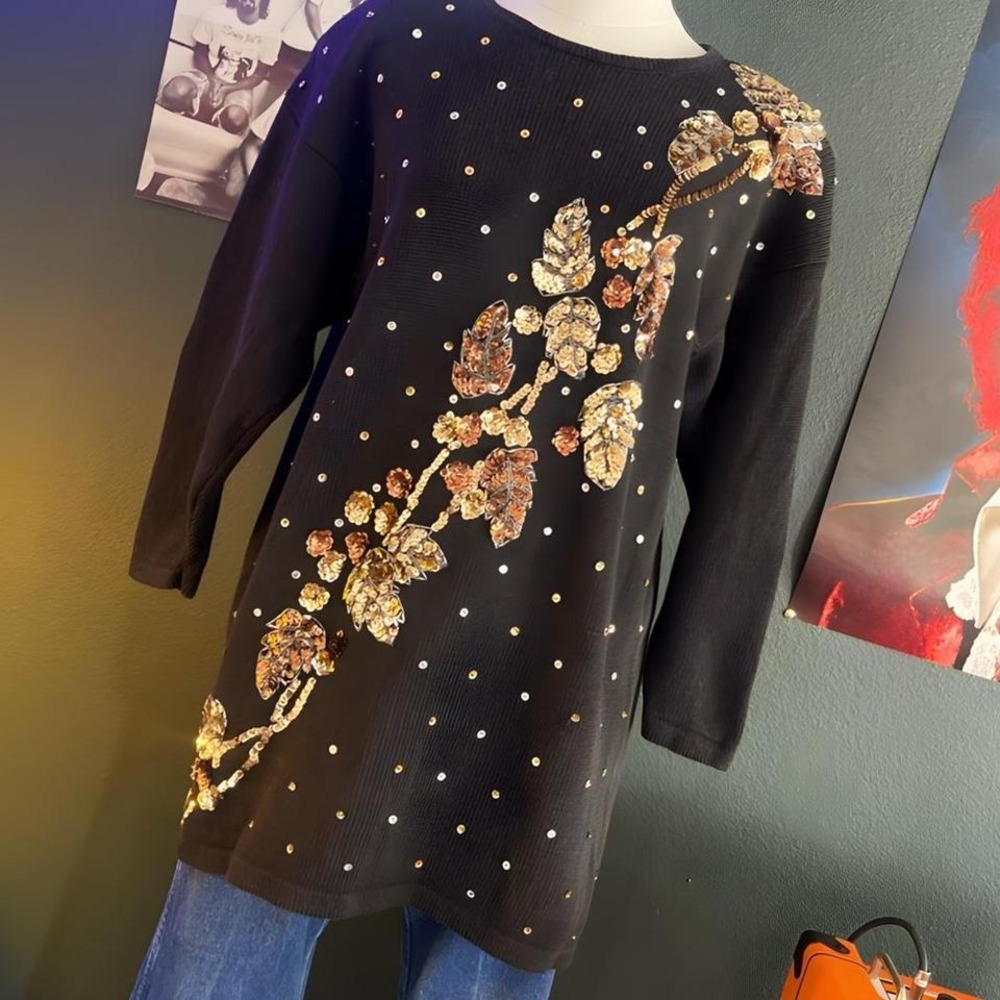 Vintage fall leaves sequin sweater XL fall sweater black and gold